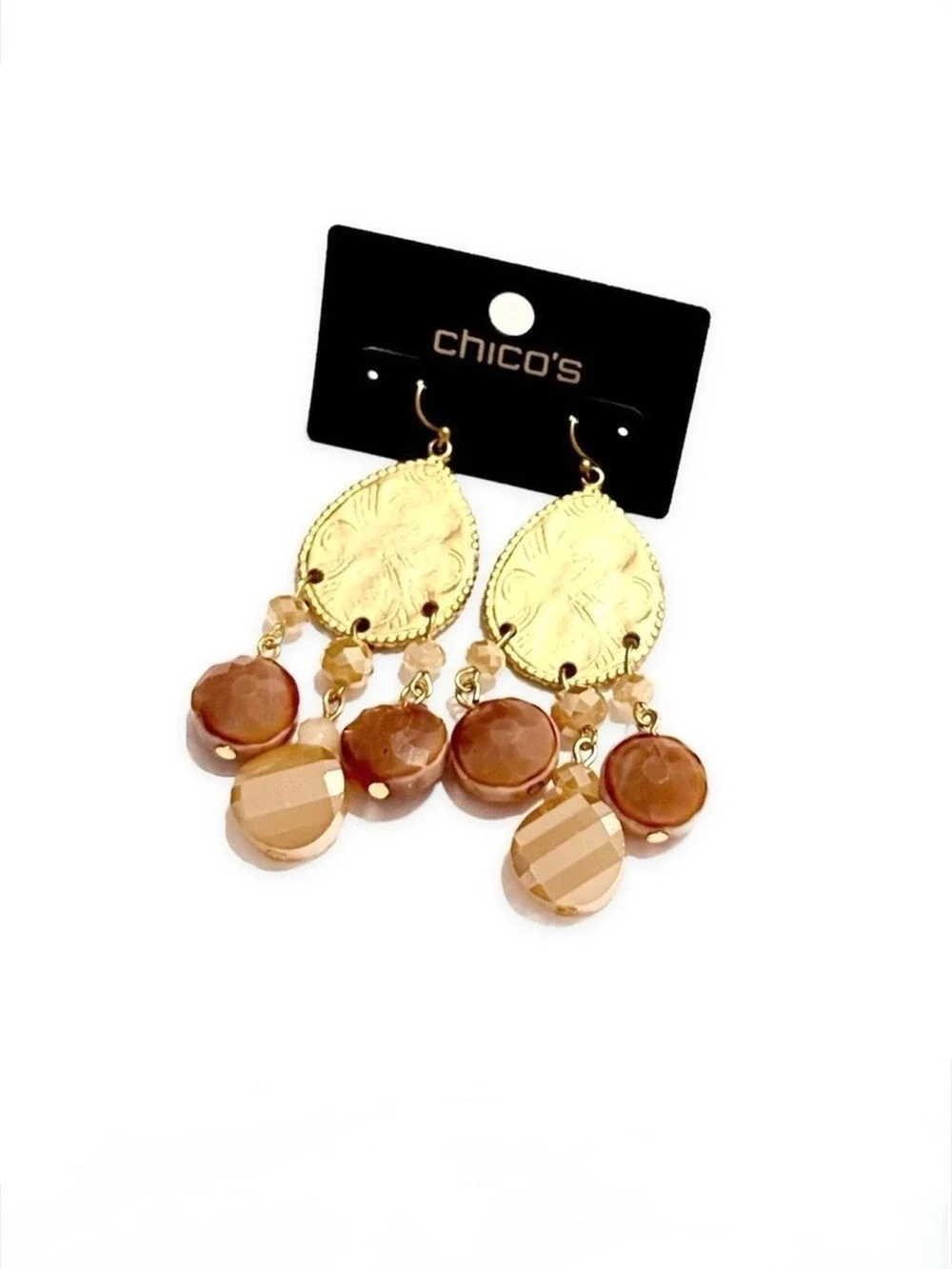 Chico's Gold Teardrop Dangle Earrings Peachy Gemstone NWT